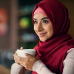 Attractive middle eastern woman in hijab holding coffee mug