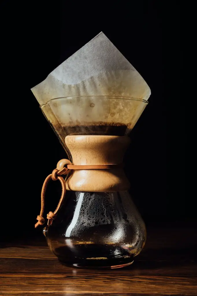 Closeup shot of alternative coffee in chemex with filter cone. Manual brewing