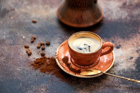 Cup coffee, coffee beans and ground coffee