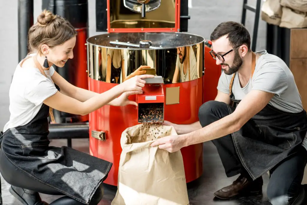 Pouring roasted coffee beans from the machine